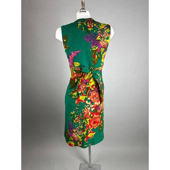 Vtg 90s Paul & Joe Wool Dress Green Belt Floral Sheath V-Neck Womens Size Medium - Picture 2 of 6